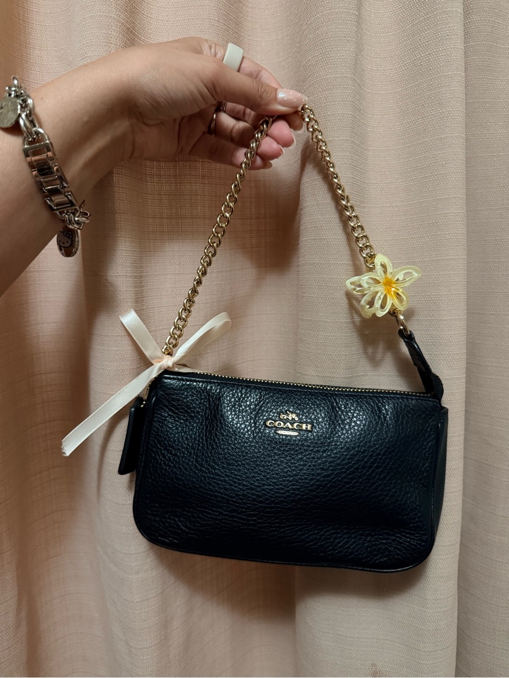 Coach Black Leather Shoulder Mini bag with Gold Chain and Pink Bead Charm